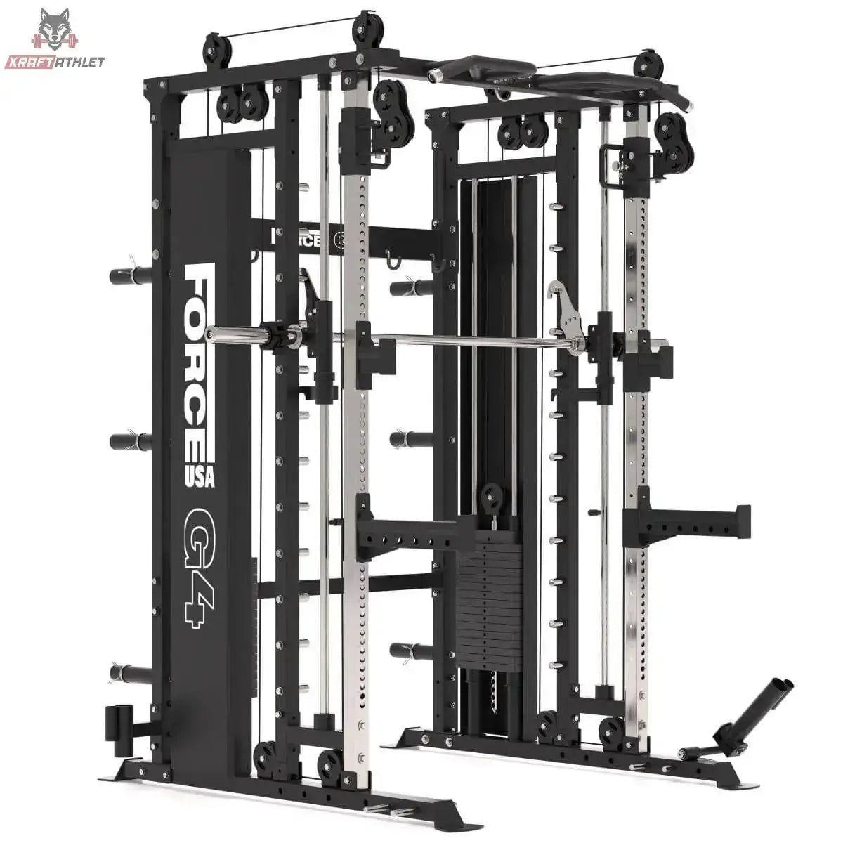 Titanium Strength All-in-One Trainer Full Set Up (Stapelgewichte), Schrägansicht der Station auf weißem Grund