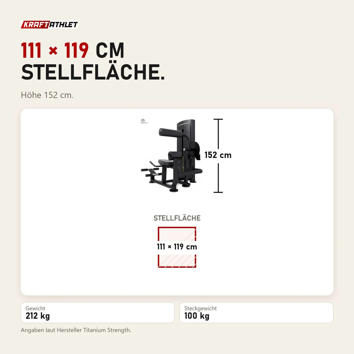Maßbild Titanium Strength Black Series Bauch & Unterer Rücken: Stellfläche 111 × 119 cm, Höhe 152 cm