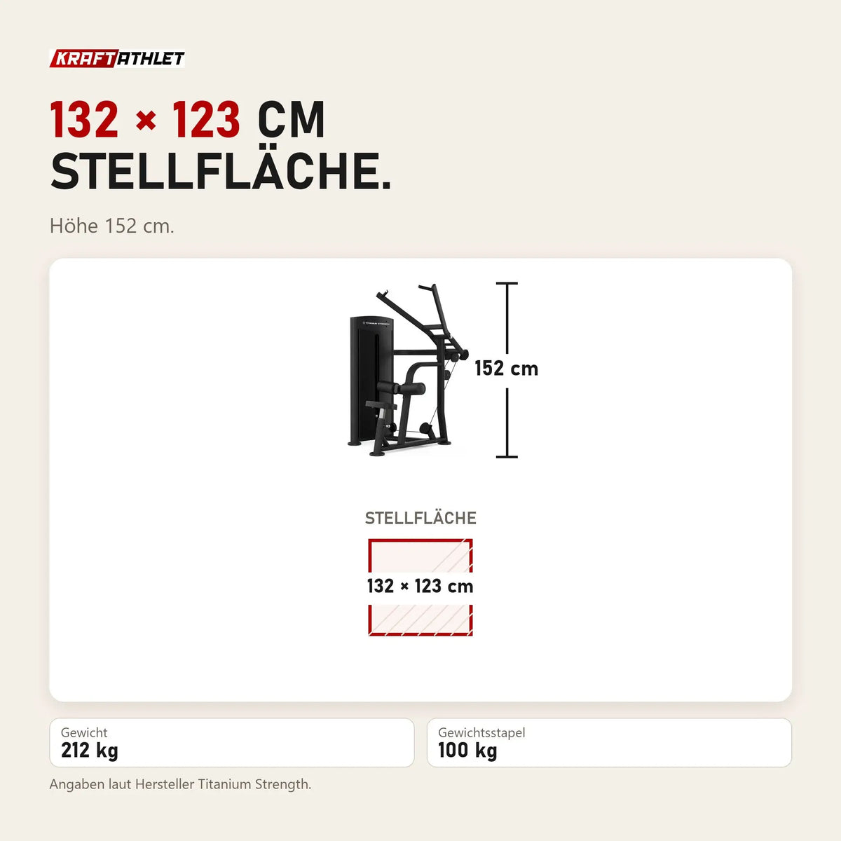 Maßbild Titanium Strength Black Series Lat Pulldown: Stellfläche 132 × 123 cm, Höhe 152 cm