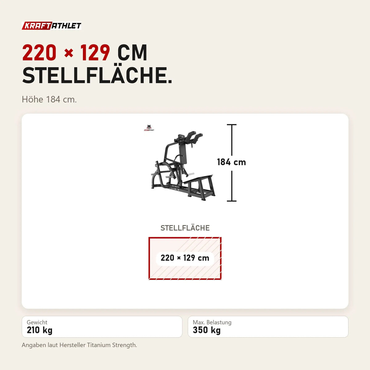 Maßbild Titanium Strength Black Series V-Squat: Stellfläche 220 × 129 cm, Höhe 184 cm