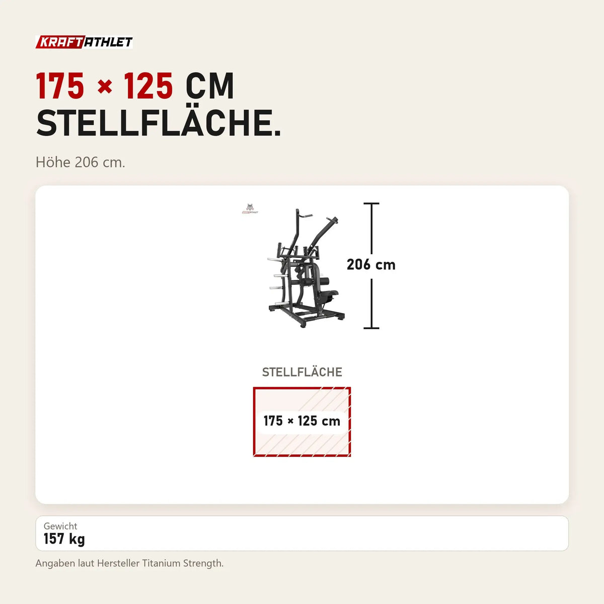 Maßbild Titanium Strength Black Series Wide IsoLateral Lat Pulldown: Stellfläche 175 × 125 cm, Höhe 206 cm
