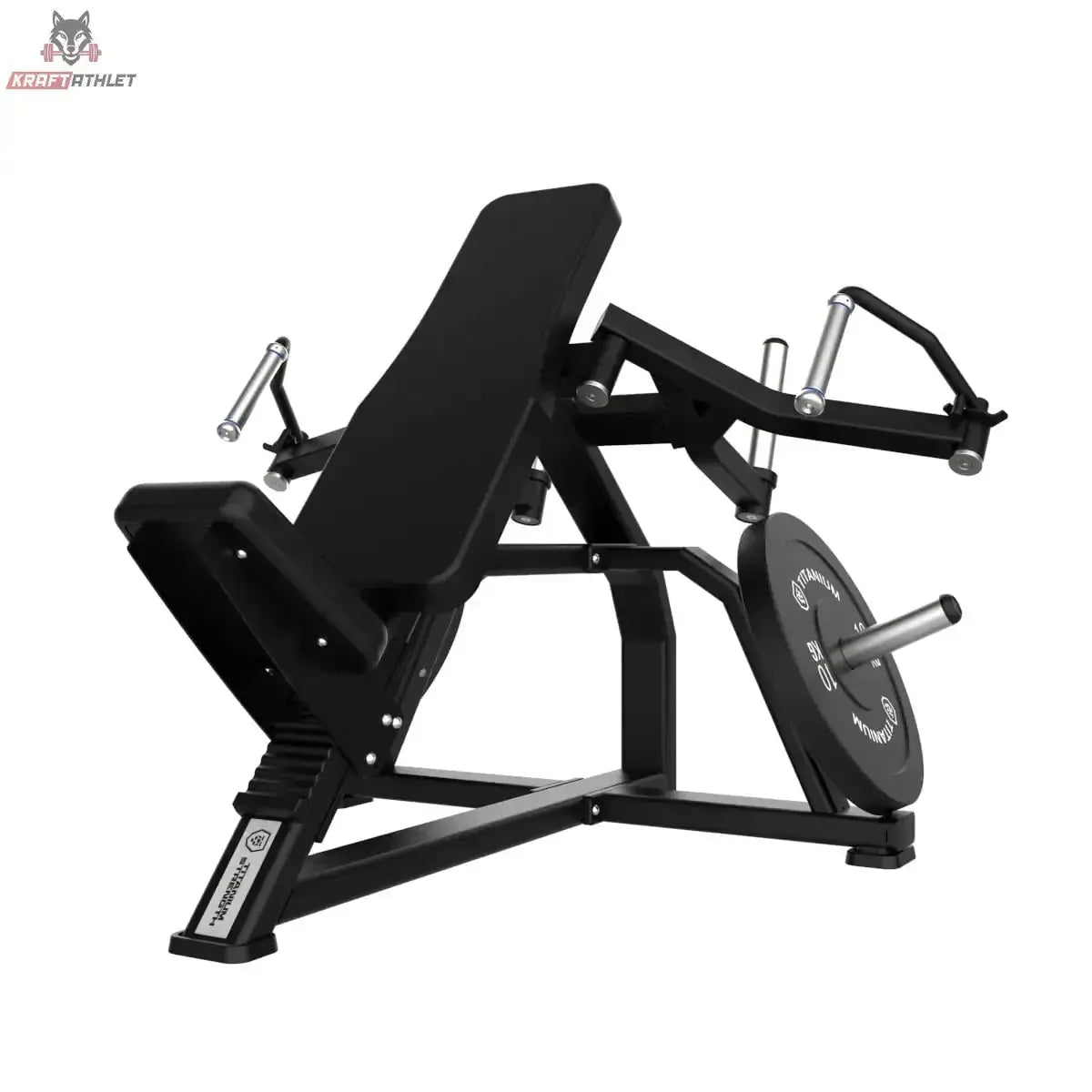 Titanium Strength Chest Monday Pack, Schrägbankpresse in Schwarz mit Hantelscheibe, Seitenansicht