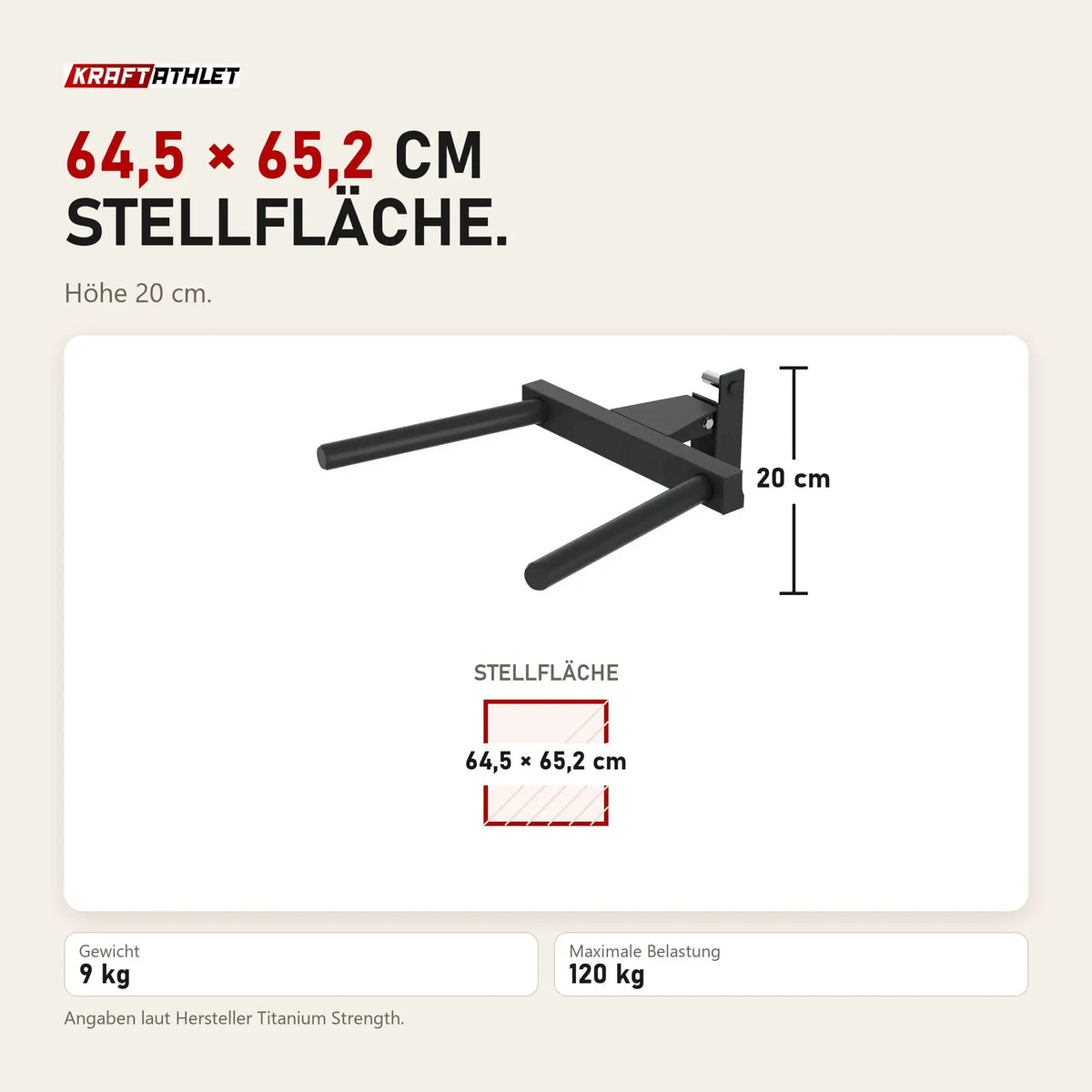Maßbild Titanium Strength DP1 Dip Handle Evolution: Stellfläche 64,5 × 65,2 cm, Höhe 20 cm