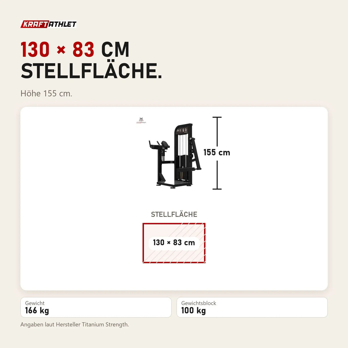 Maßbild Titanium Strength Elite Series Gluteusmaschine: Stellfläche 130 × 83 cm, Höhe 155 cm