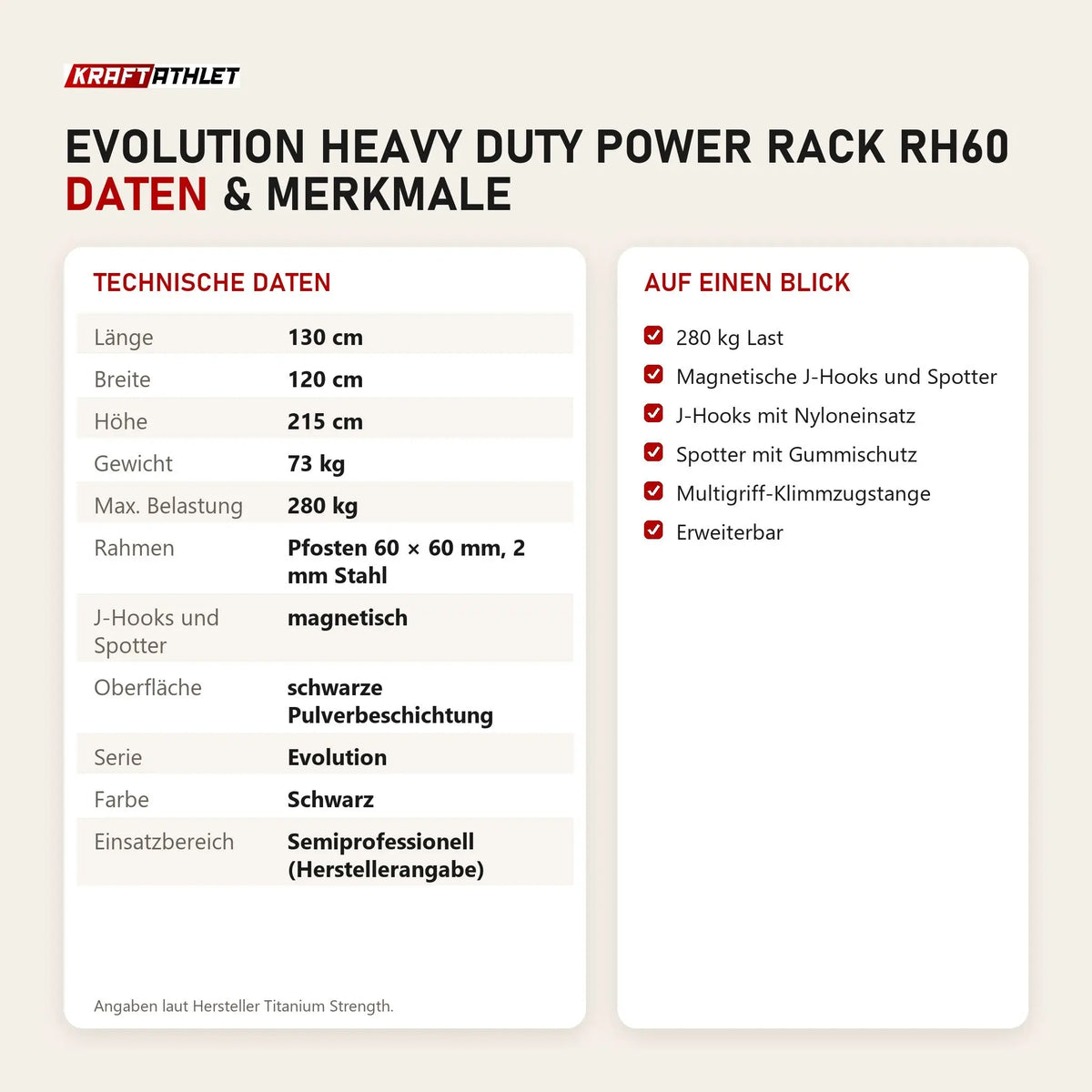 Technische Daten und Merkmale von Titanium Strength Evolution Heavy Duty Power Rack RH60 als Tabelle