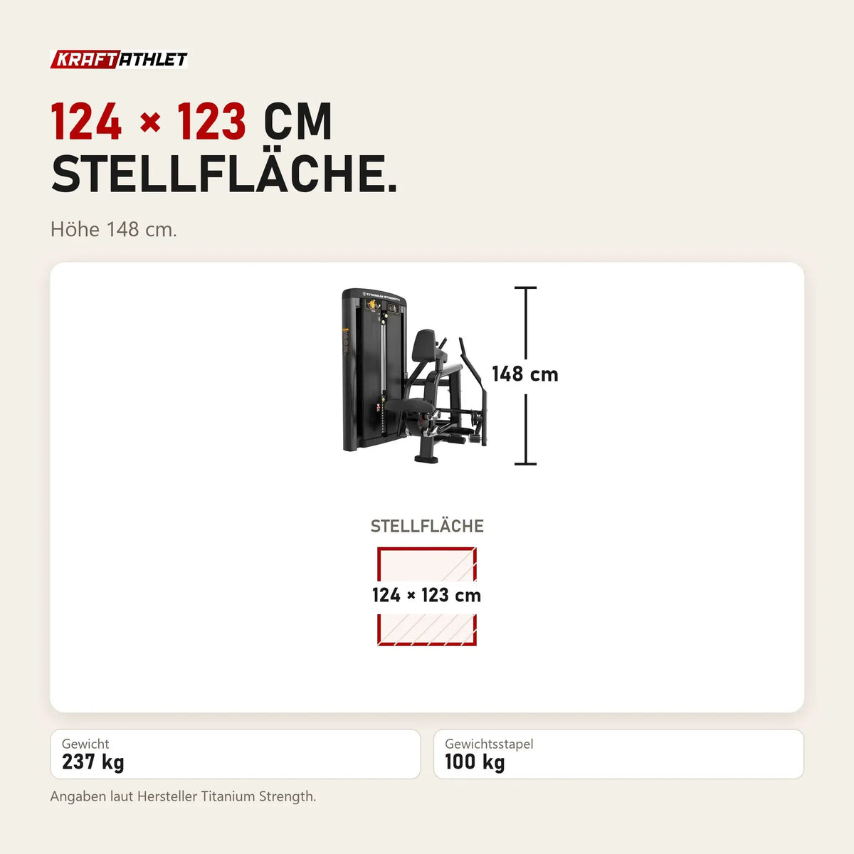 Maßbild Titanium Strength Genesis Series Einarmiges Sitzrudern: Stellfläche 124 × 123 cm, Höhe 148 cm