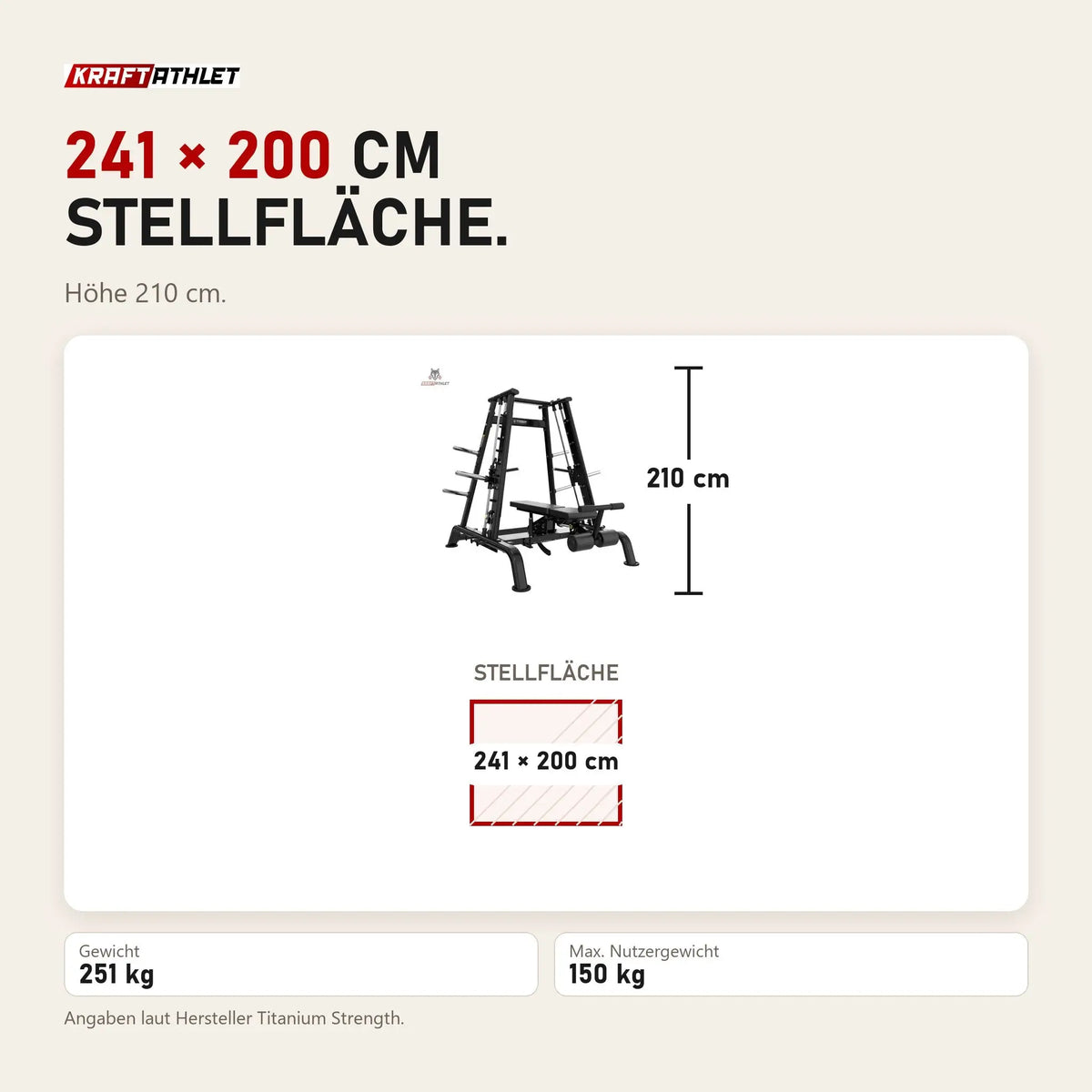 Maßbild Titanium Strength Genesis Series Konvergierende Smith Multipresse: Stellfläche 241 × 200 cm, Höhe 210 cm