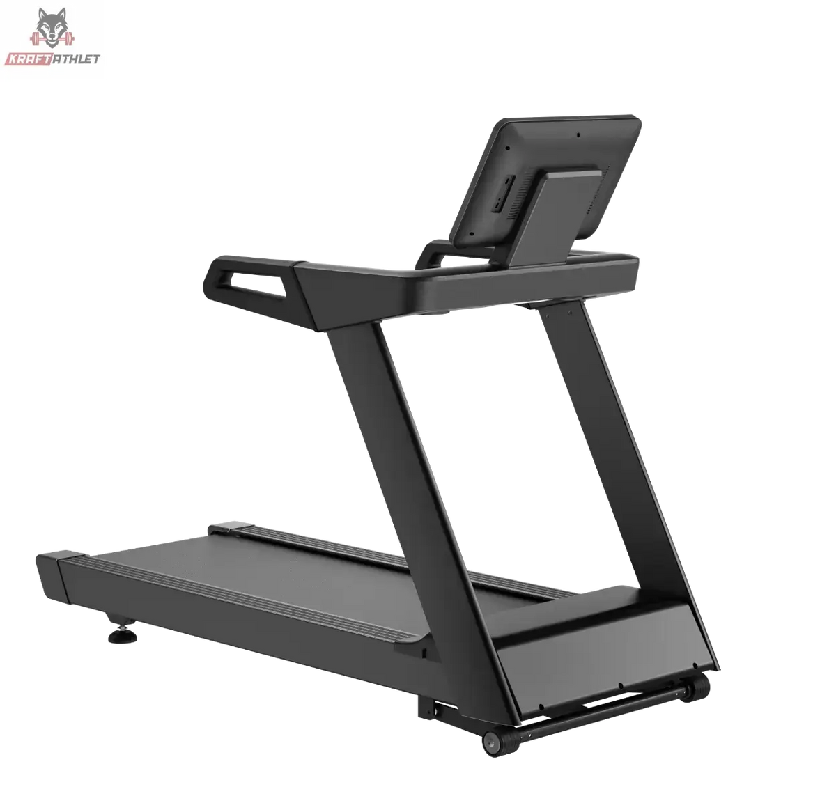 Titanium Strength LC20 AC Laufband mit 15,6-Zoll-Touchscreen in Schwarz, Schrägansicht von hinten vor dunklem Hintergrund