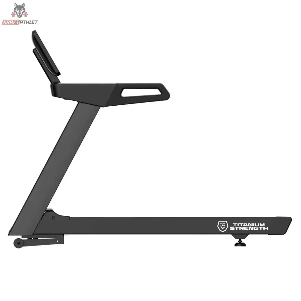 Titanium Strength LC20 AC Laufband mit 15,6-Zoll-Touchscreen in Schwarz, Seitenansicht mit Rahmen und Lauffläche
