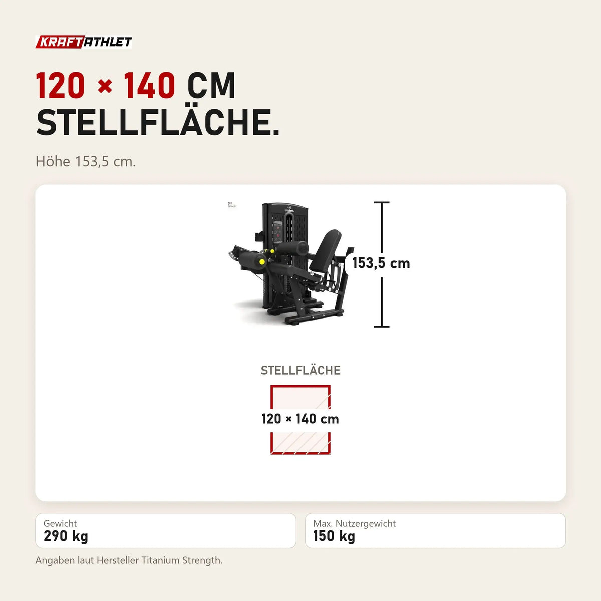 Maßbild Titanium Strength M1 Selectorized Dualtrainer Quadrizeps und Oberschenkel: Stellfläche 120 × 140 cm, Höhe 153,5 cm