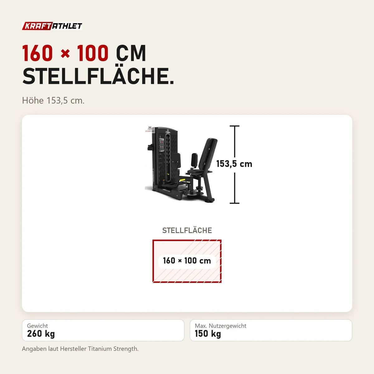 Maßbild Titanium Strength M9 Selectorized Dualtrainer Abduktor/Adduktor: Stellfläche 160 × 100 cm, Höhe 153,5 cm