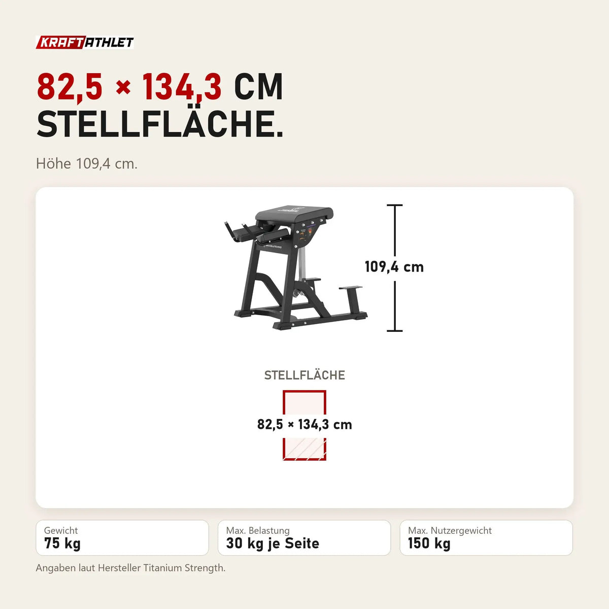 Maßbild Titanium Strength MaxGlute Pro Inverse Hyperextension Maschine: Stellfläche 82,5 × 134,3 cm, Höhe 109,4 cm
