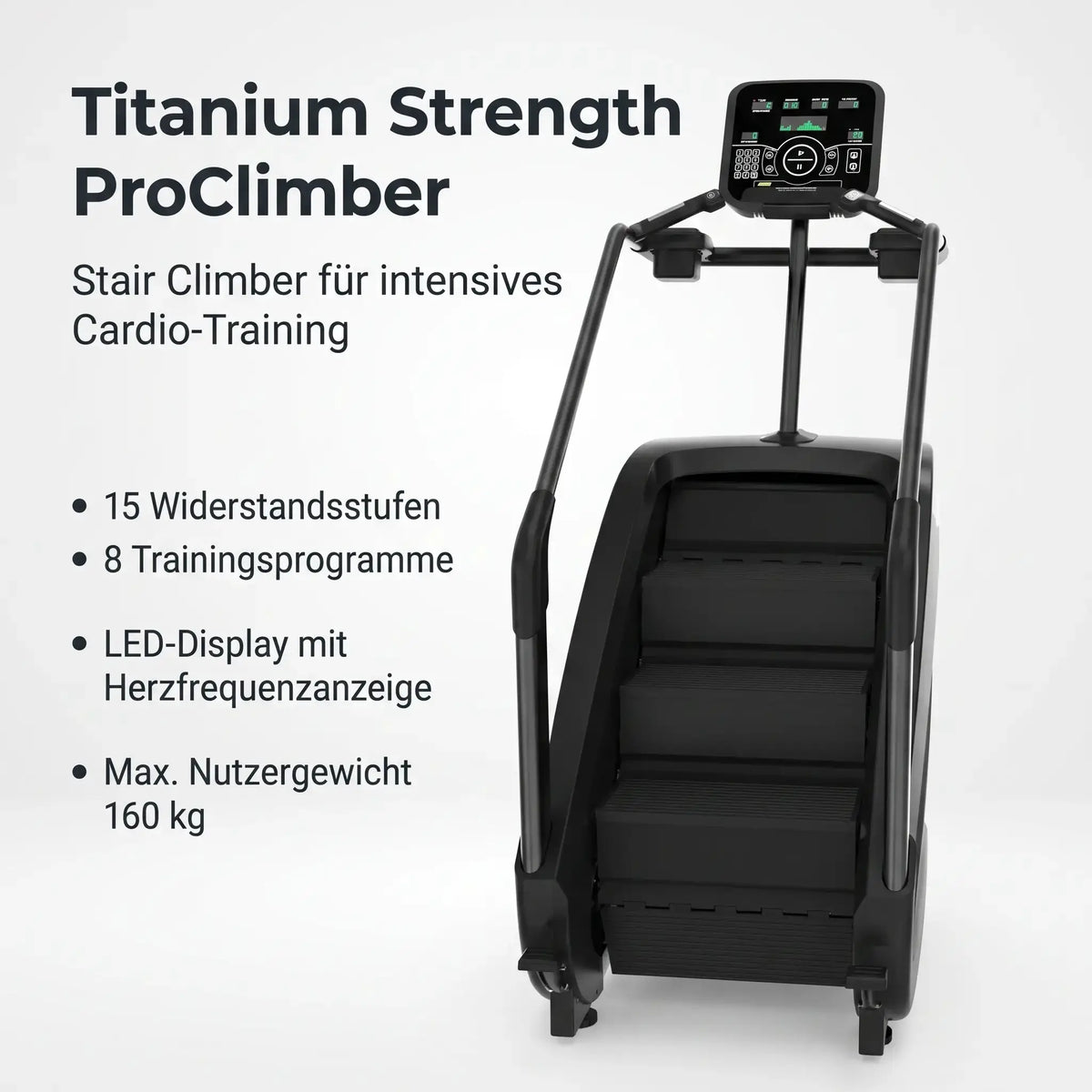 Titanium Strength ProClimber Stair Climber, Übersichtsgrafik mit Widerstandsstufen, Programmen und Nutzergewicht