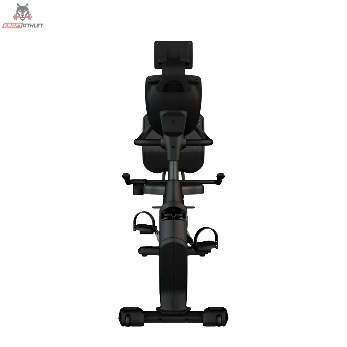 Titanium Strength RB2000T Liegeergometer mit Touchscreen, Frontansicht mit Touchscreen-Konsole und Pedalen