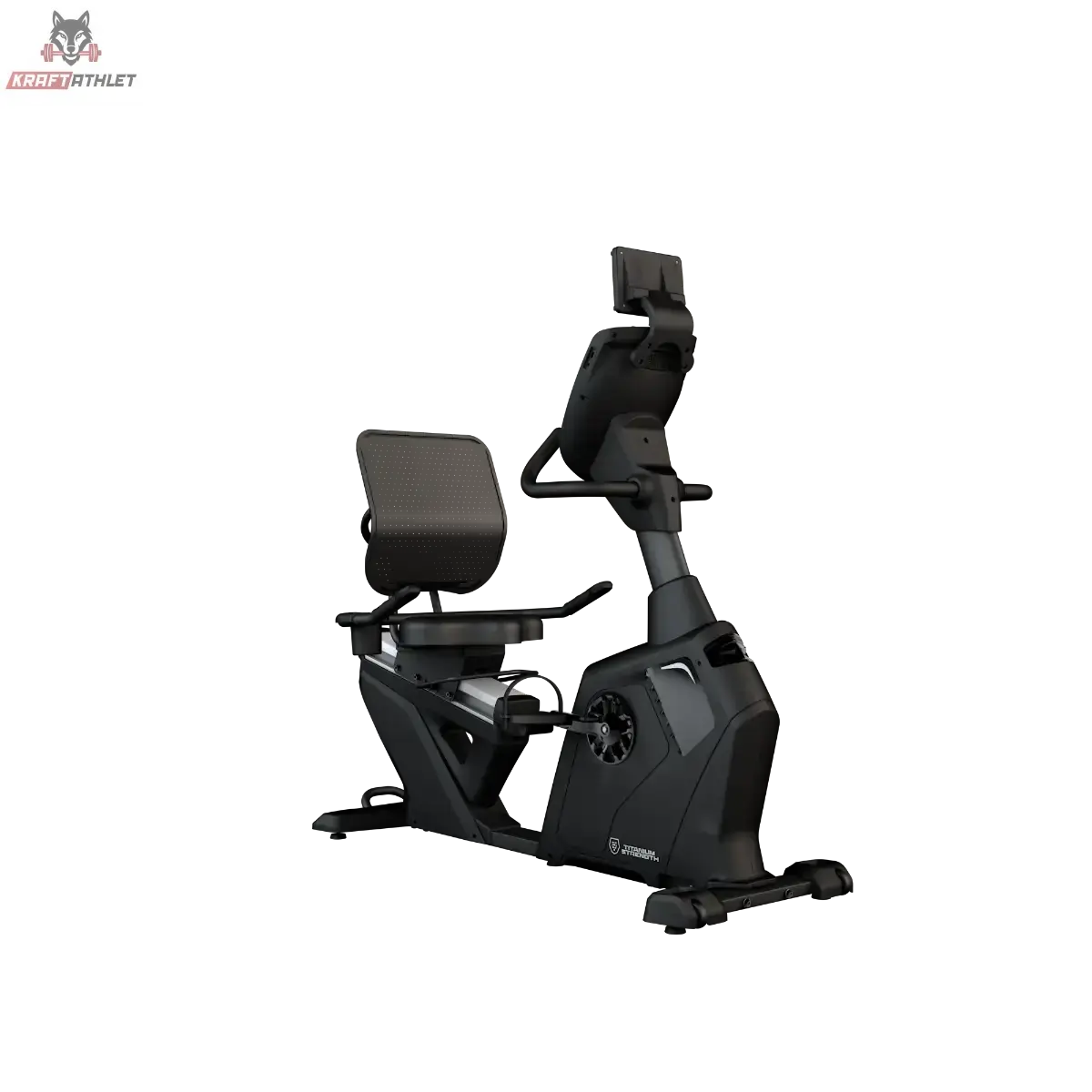 Titanium Strength RB2000T Liegeergometer mit Touchscreen, Schrägansicht in Schwarz vor dunklem Hintergrund