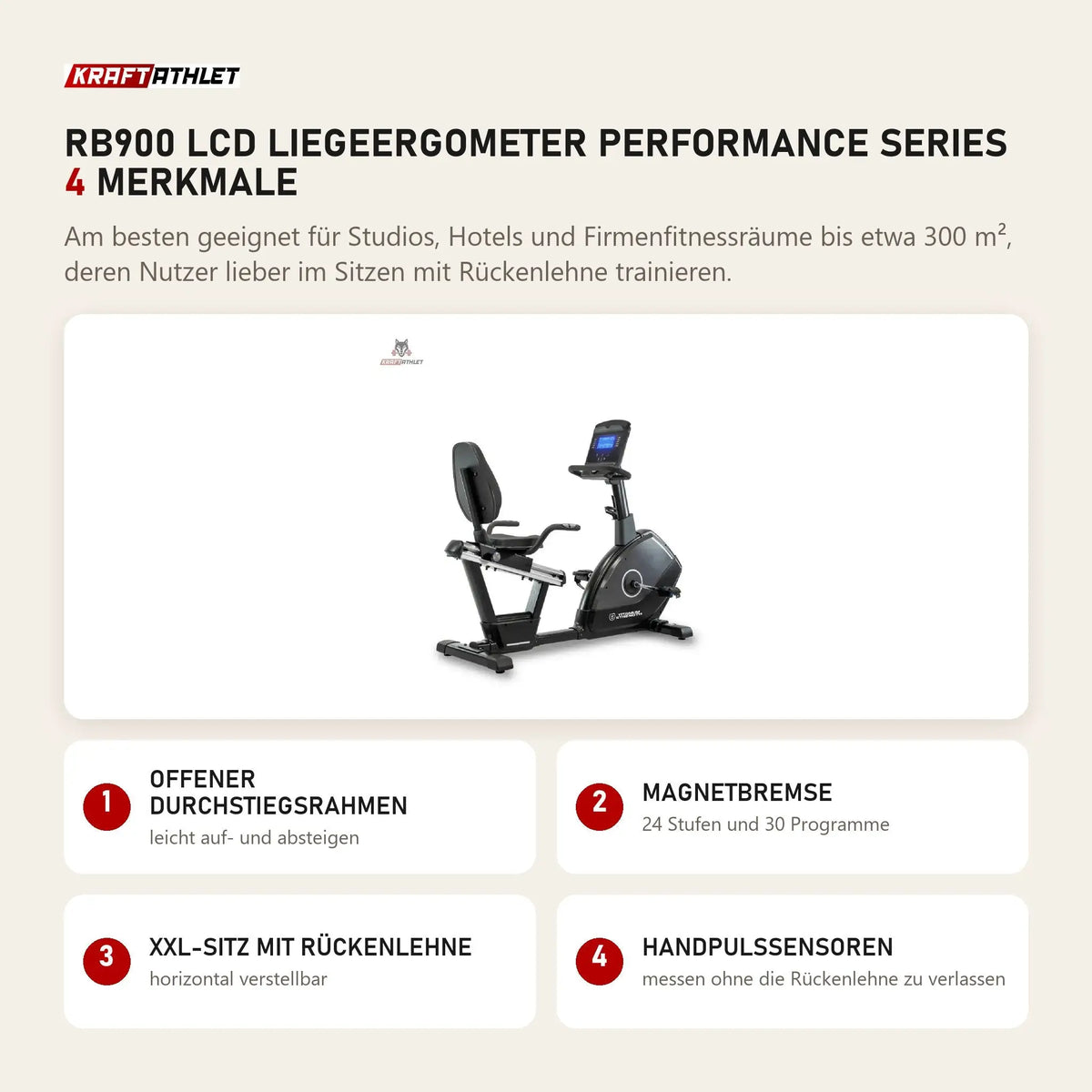 Titanium Strength RB900 LCD Liegeergometer Performance Series mit 4 Merkmalen: Offener Durchstiegsrahmen, Magnetbremse, XXL-Sitz mit Rückenlehne, Handpulssensoren