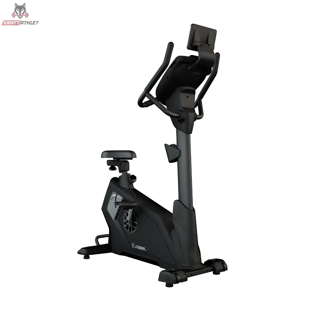 Titanium Strength ST2000 Ergometer Pro Series in Schwarz, Schrägansicht von vorn mit Konsole vor dunklem Hintergrund