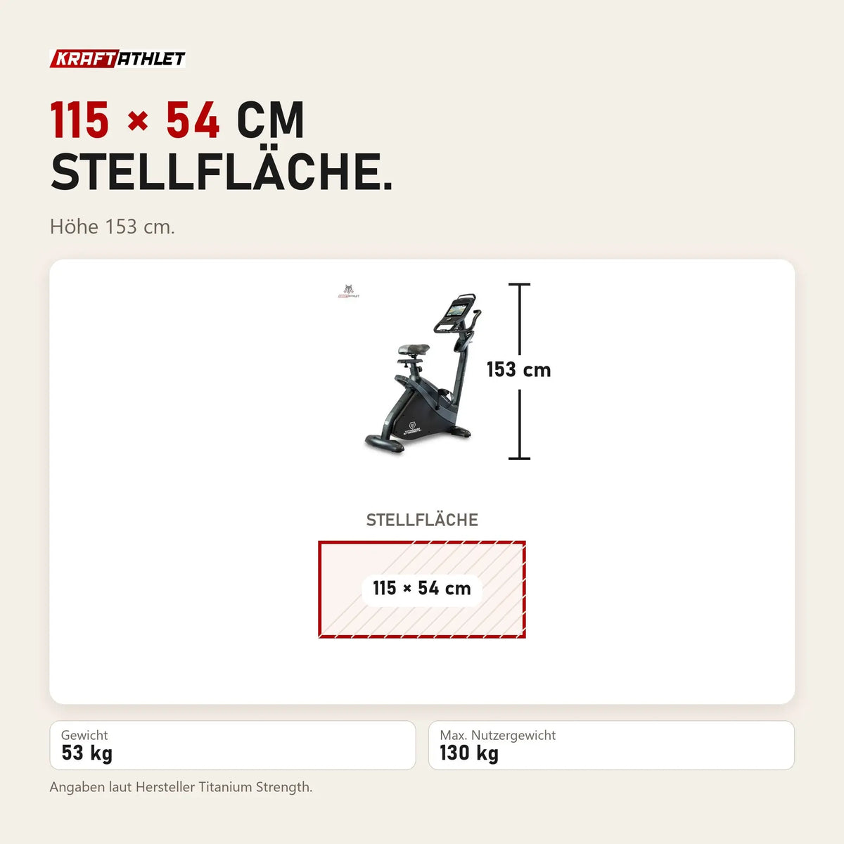 Maßbild Titanium Strength ST900 TFT Heimtrainer mit 10-Zoll-Touchscreen: Stellfläche 115 × 54 cm, Höhe 153 cm