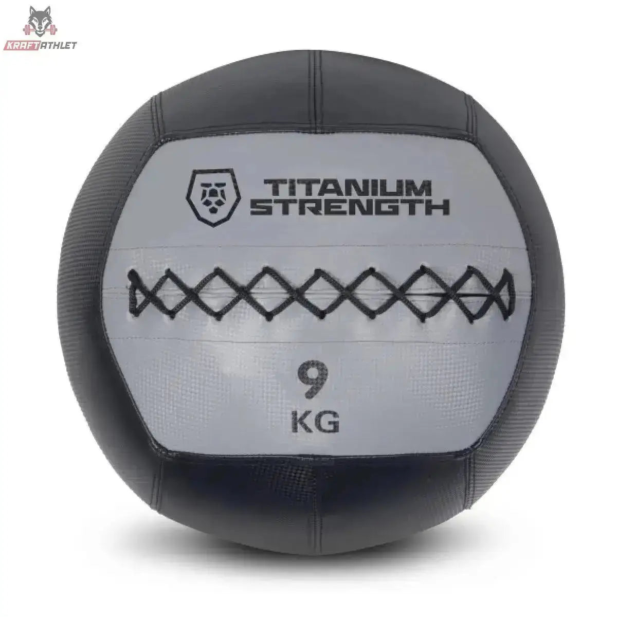 Titanium Strength TWB8 Wall Ball 8 kg, Frontansicht der 9-kg-Variante in Schwarz und Grau
