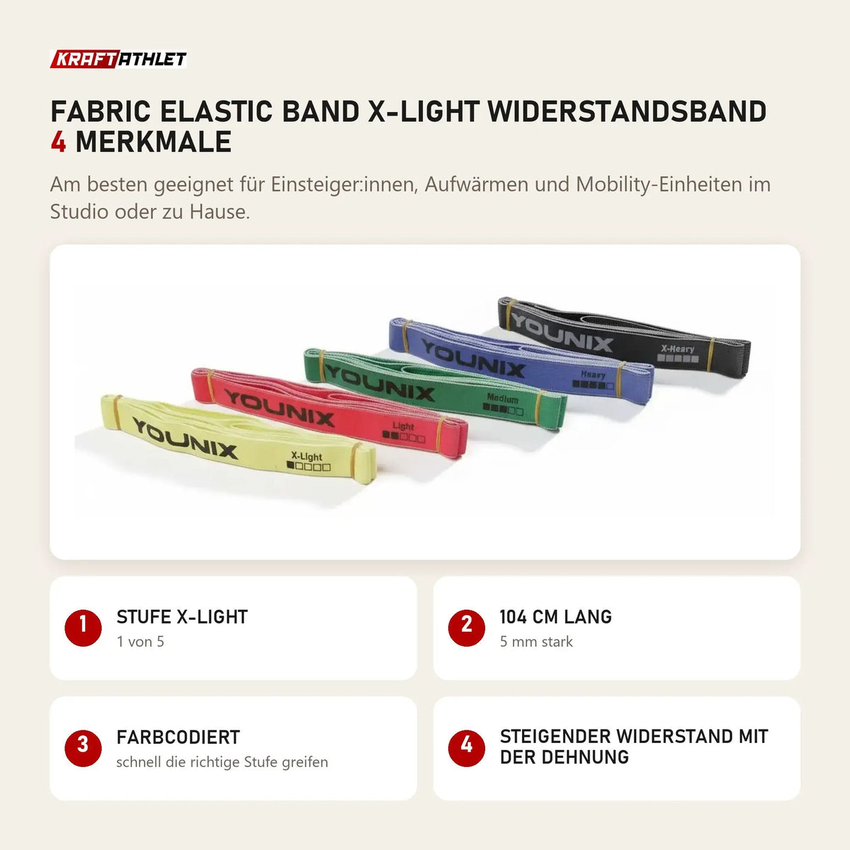 Younix Fabric Elastic Band X-Light Widerstandsband mit 4 Merkmalen: Stufe X-Light, 104 cm lang, Farbcodiert, Steigender Widerstand mit der Dehnung