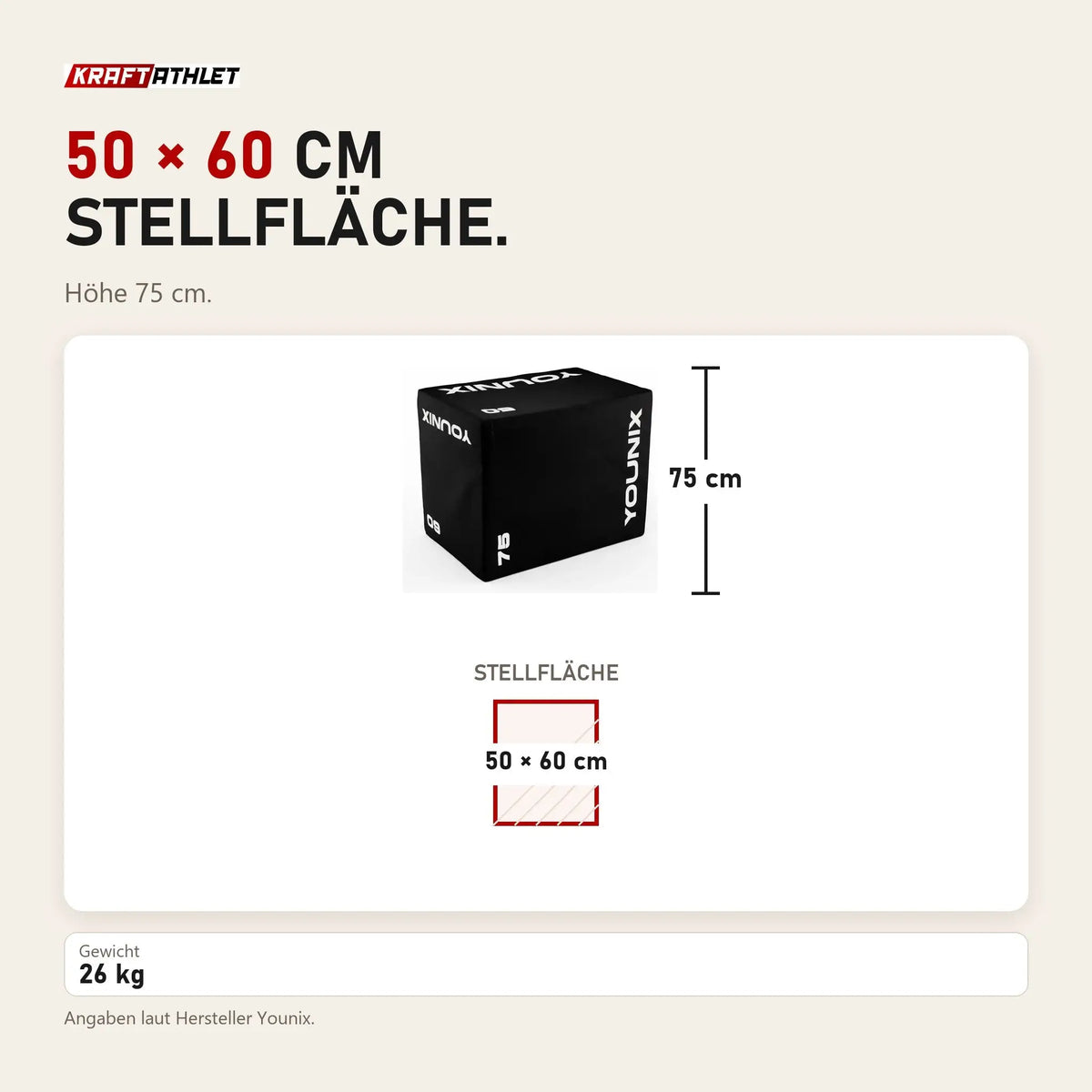 Maßbild Younix Foam Box Plyo Box: Stellfläche 50 × 60 cm, Höhe 75 cm