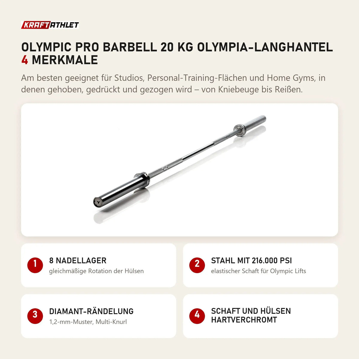 Younix Olympic Pro Barbell 20 kg Olympia-Langhantel mit 4 Merkmalen: 8 Nadellager, Stahl mit 216.000 PSI, Diamant-Rändelung, Schaft und Hülsen hartverchromt