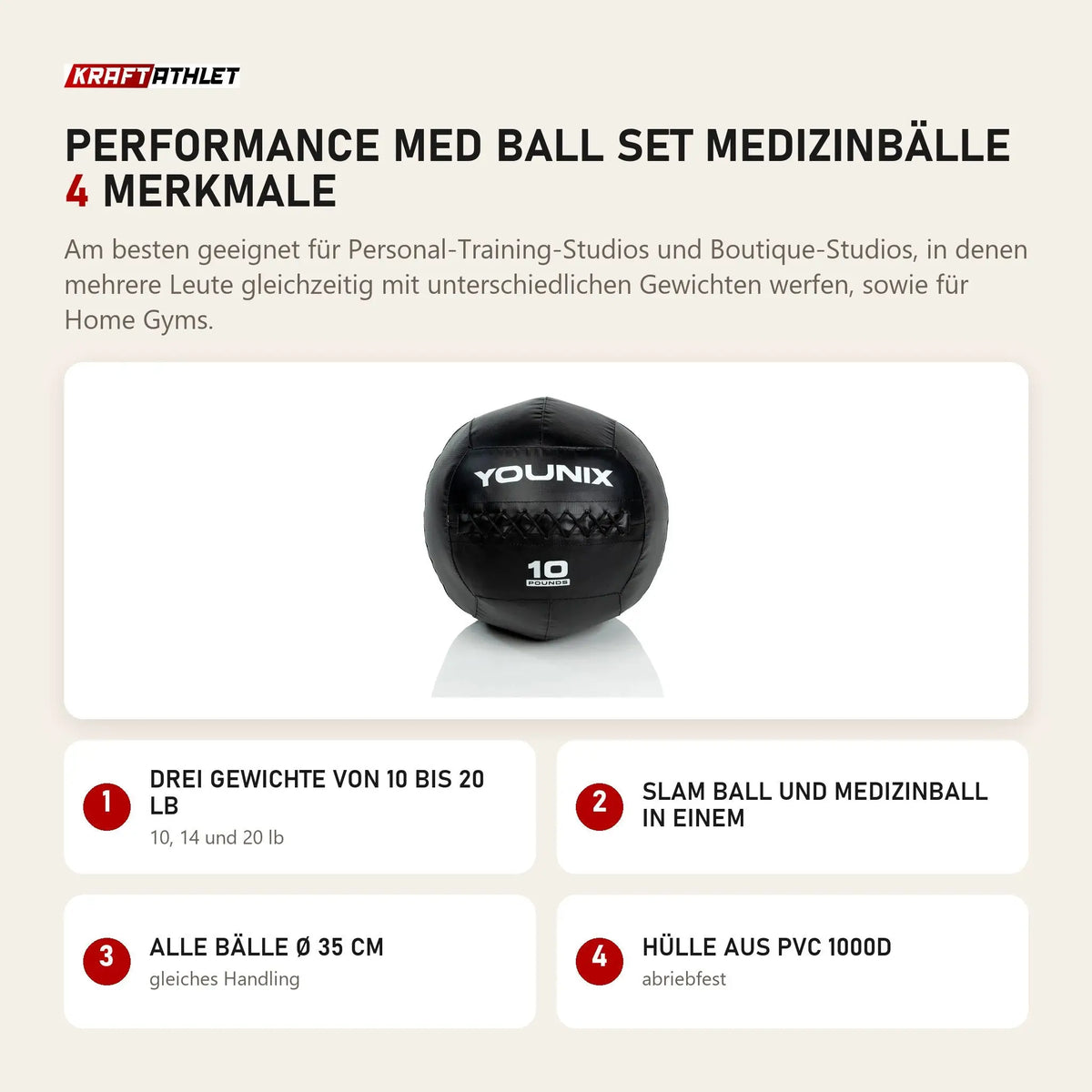 Younix Performance Med Ball Set Medizinbälle mit 4 Merkmalen: Drei Gewichte von 10 bis 20 lb, Slam Ball und Medizinball in einem, Alle Bälle Ø 35 cm, Hülle aus PVC 1000D