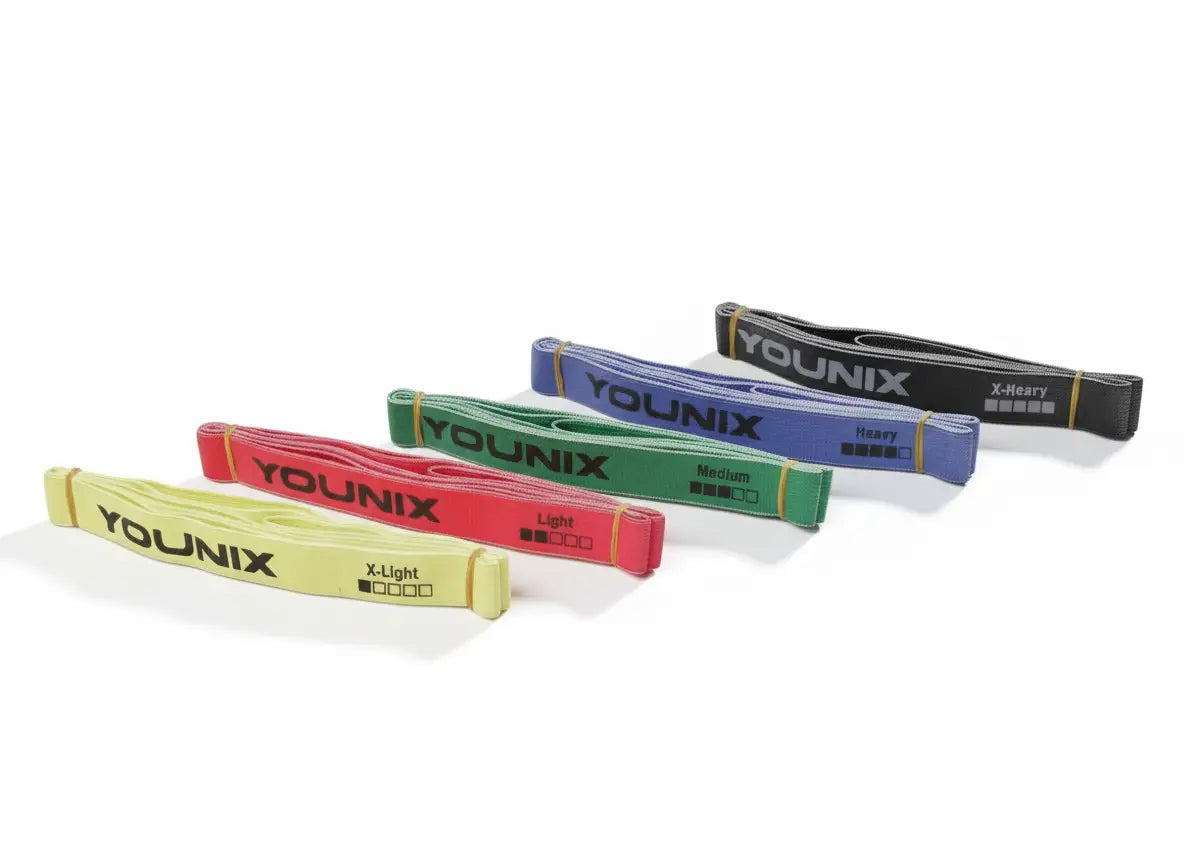 Younix Widerstandsbänder Full Set, fünf aufgestellte Bänder in Gelb, Rot, Grün, Blau und Schwarz