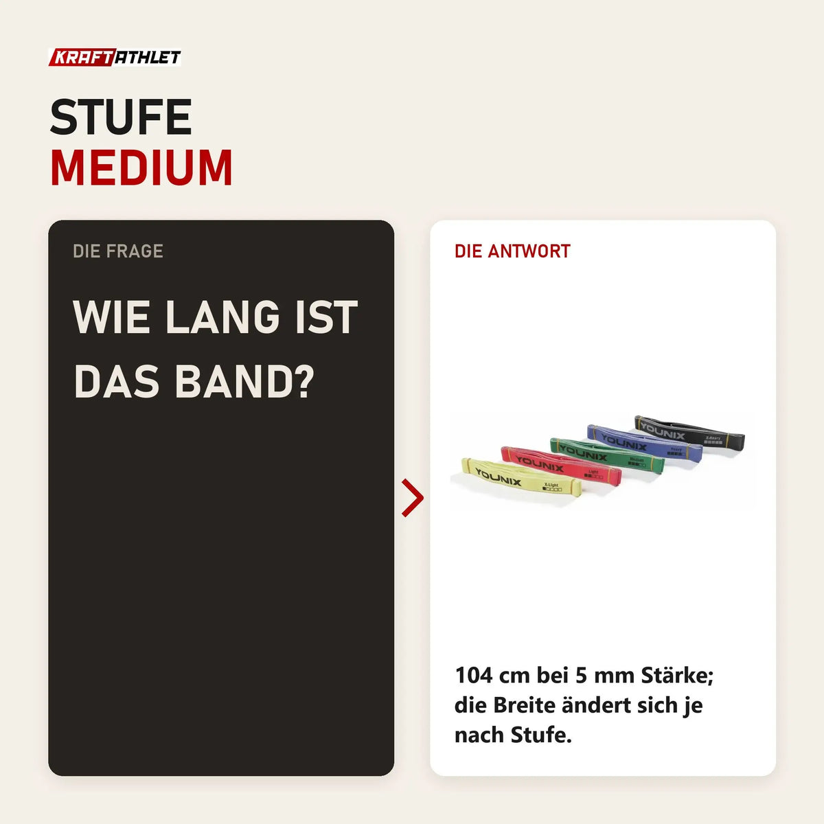 Frage und Antwort zu Younix Widerstandsband Medium Fabric Band: Wie lang ist das Band?