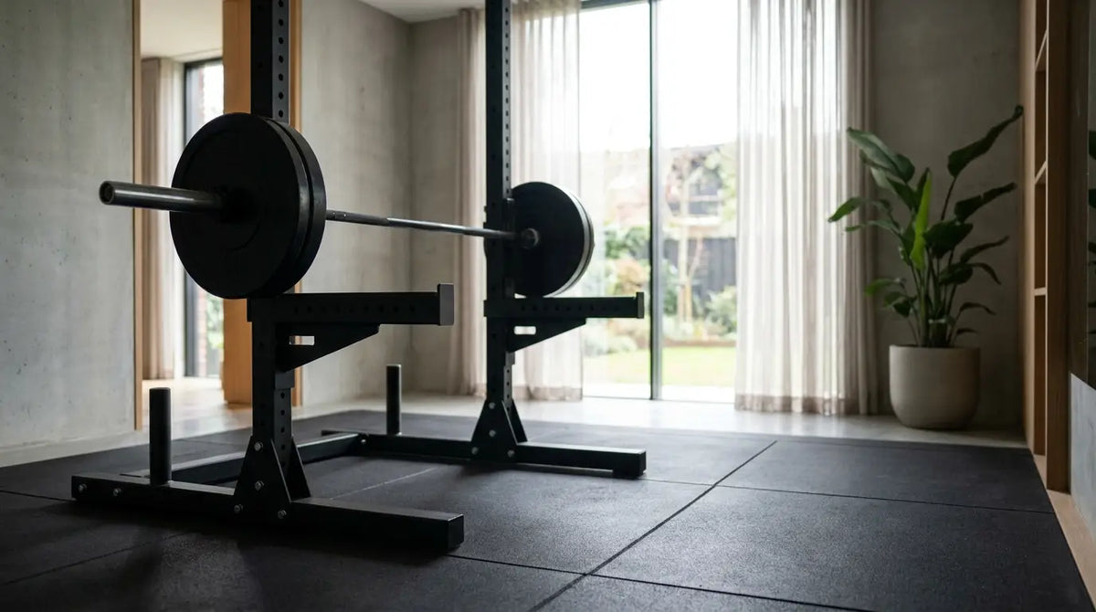 Power Rack met halterstang en halterschijven in een lichte thuisfitnessruimte voor een 5x5-trainingsschema
