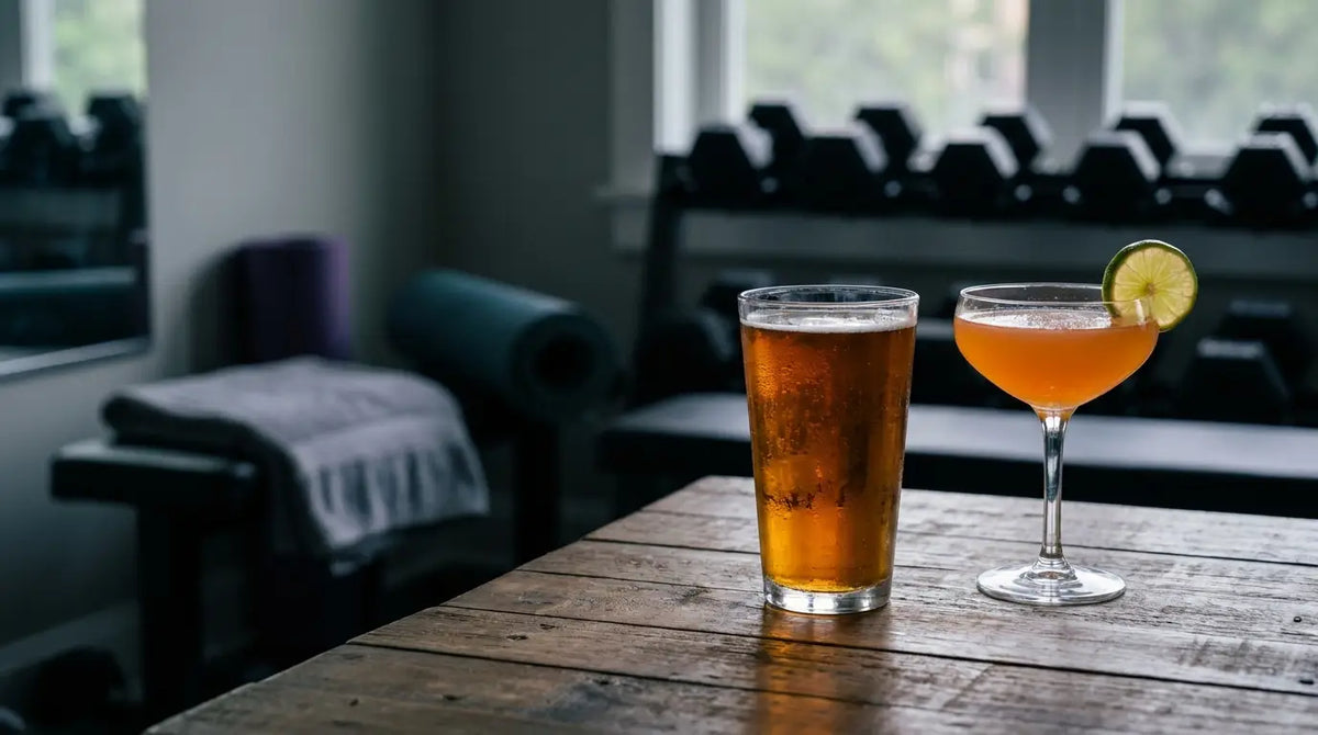 Glas Bier und Cocktail vor unscharfem Home-Gym-Hintergrund