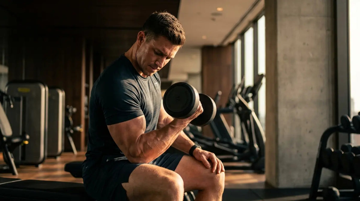 Man die in de sportschool een bicepscurl met halters doet – armtraining voor biceps en triceps