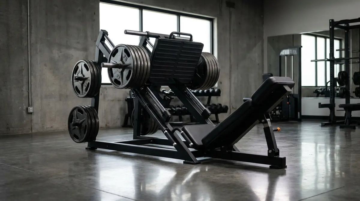 Pressa per le gambe a 45 gradi con dischi di peso in una palestra moderna