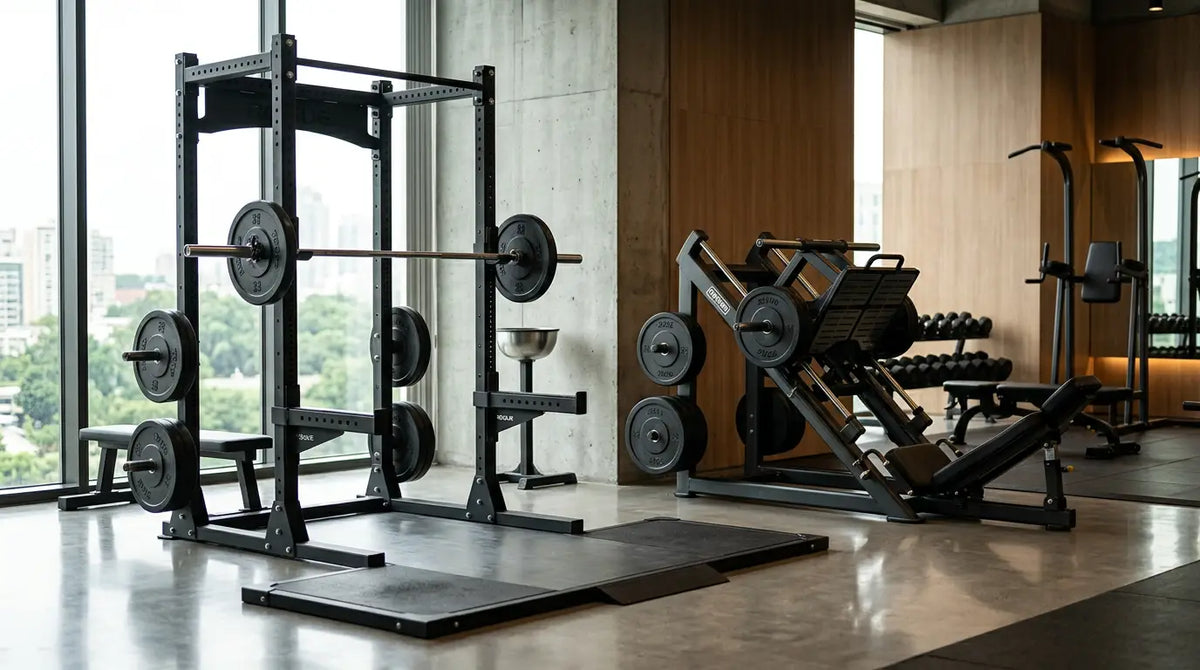 Rack per squat e pressa per le gambe in una palestra moderna per un allenamento efficace delle gambe