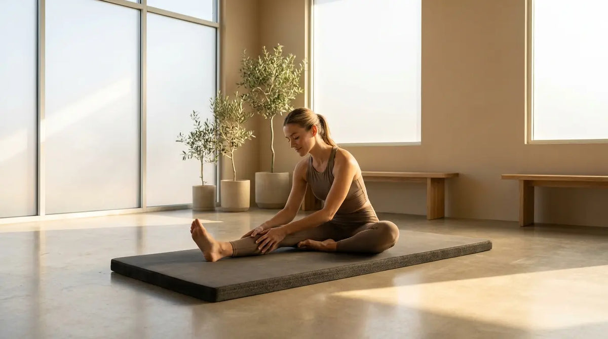 Een atletisch persoon rek zich ontspannen uit op een mat in een lichte wellnessstudio