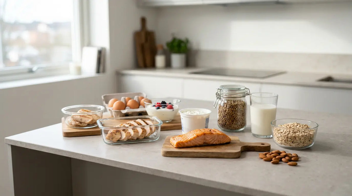 Protein-rich foods for strength athletes on a light-colored kitchen countertop: chicken, salmon, eggs, skyr, lentils, oatmeal, and milk
