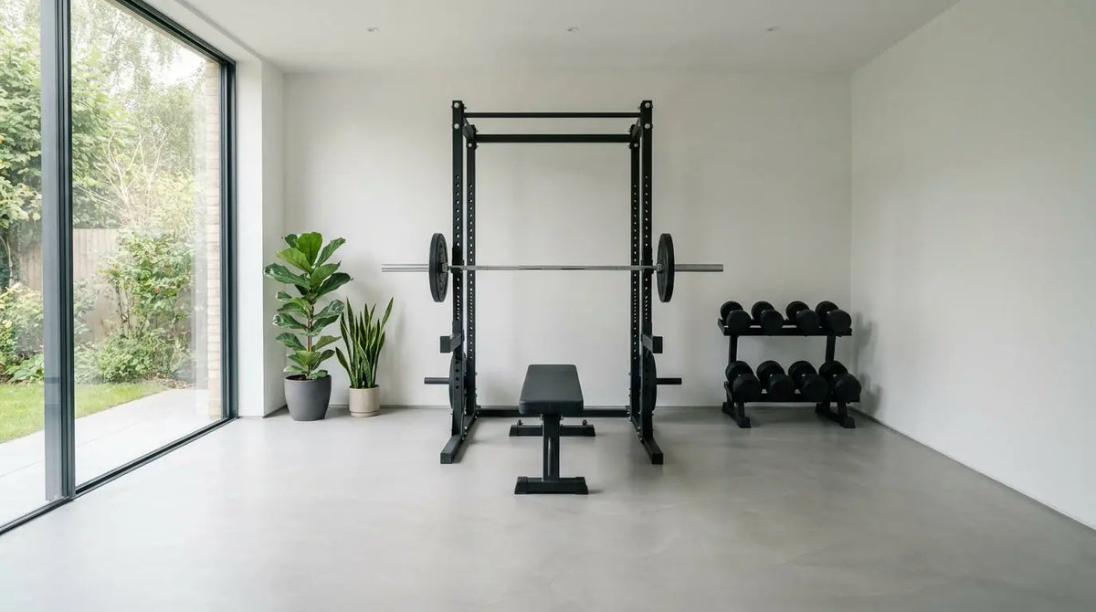 Moderne thuisfitnessruimte met powerrack, halterstang en verstelbare halters