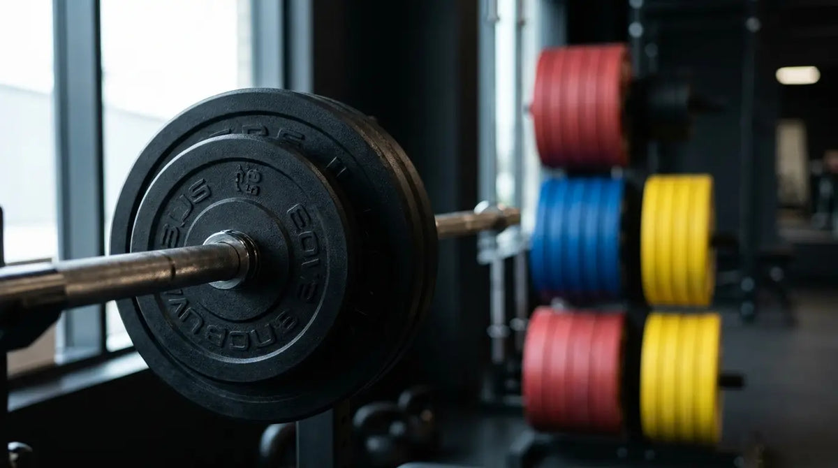 Discos olímpicos y discos de colores («bumper plates») colocados en una barra en el gimnasio