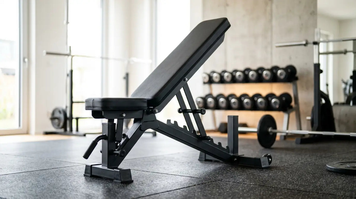 Panca da pesi regolabile con telaio in acciaio nero in una palestra domestica luminosa