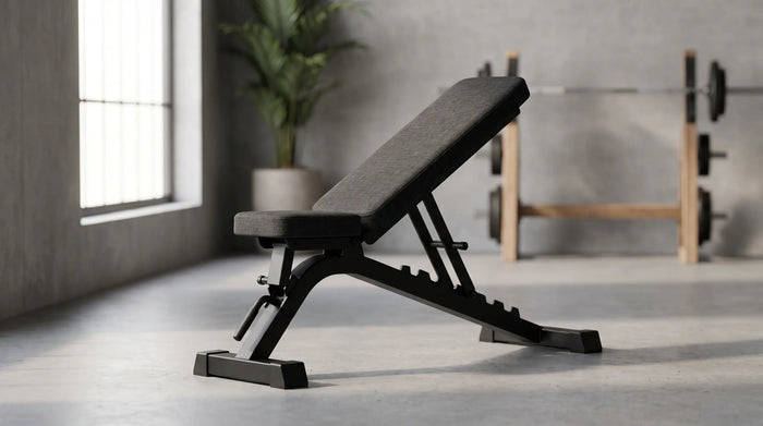 Verstelbare halterbank met matzwart stalen frame in een moderne thuisfitnessruimte