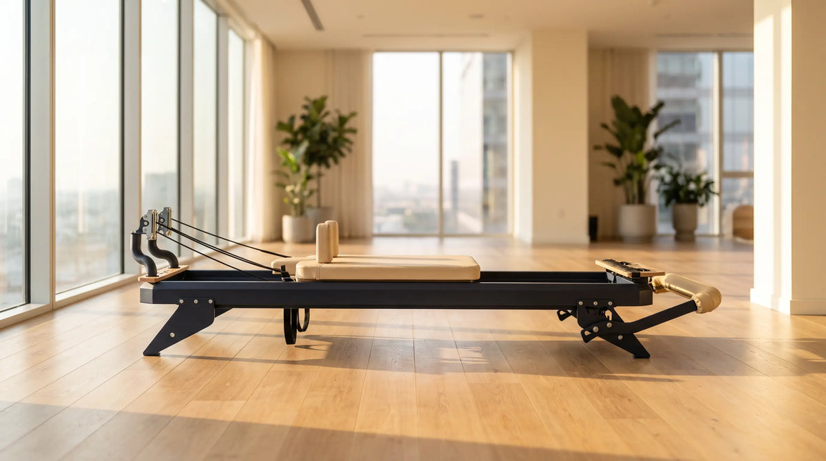 Hegren TALMA 62 – reformer do pilatesu ze stalową ramą w nowoczesnym studiu