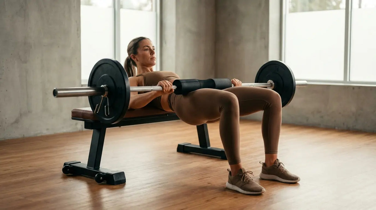 Sportowiec wykonuje ćwiczenie „hip thrust” ze sztangą na ławce treningowej