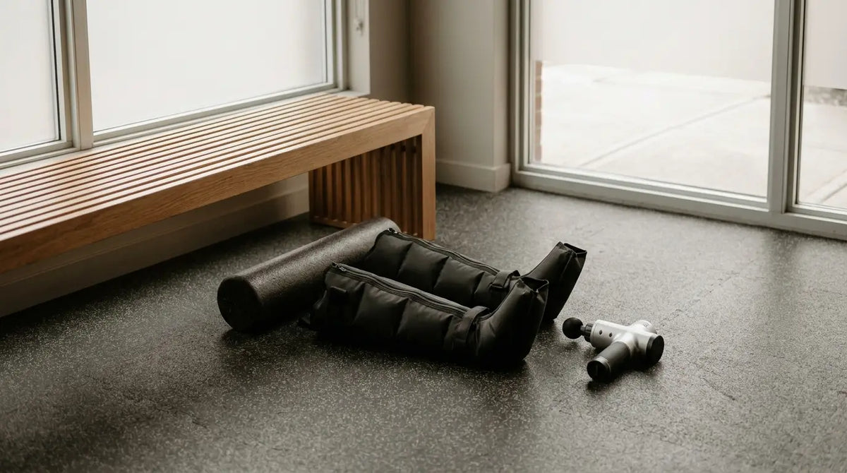 Recovery-Ecke in einem Functional-Fitness-Gym mit Foam Roller, Recovery Boots und Massagepistole