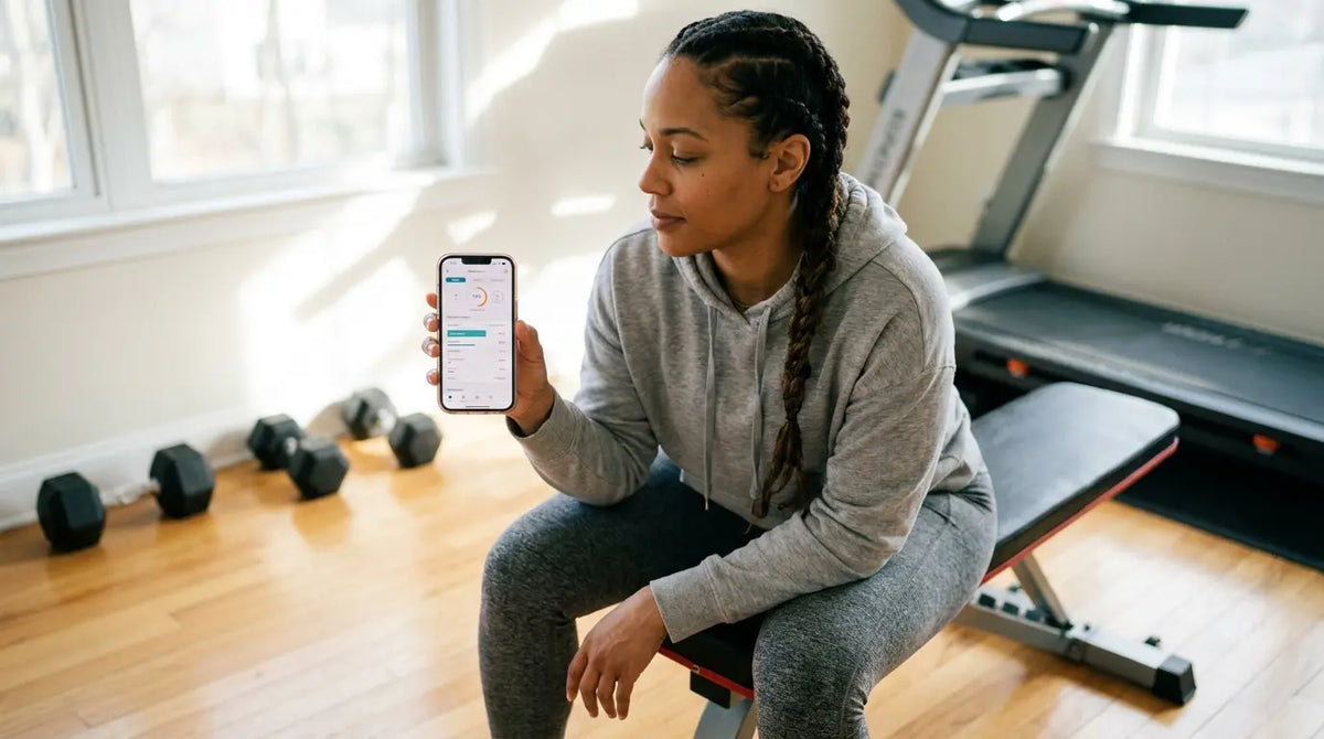 Una donna calcola il proprio fabbisogno calorico con un’app nella sua palestra domestica – calcolare le calorie