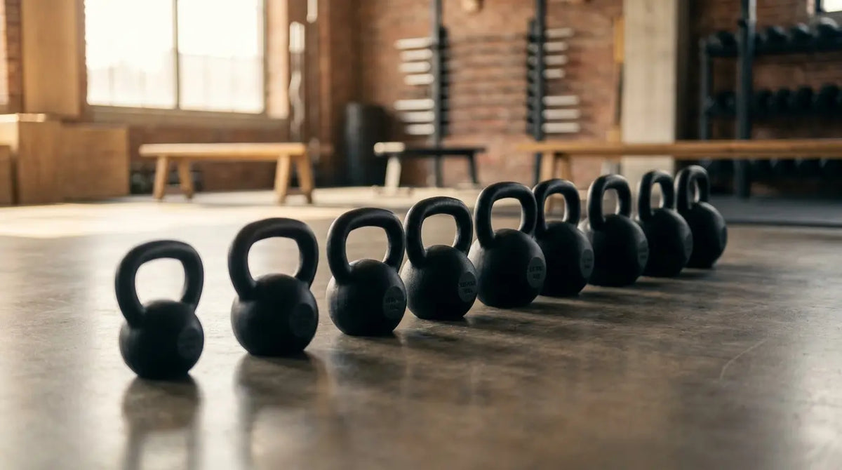 Zestaw żeliwnych kettlebellów ułożonych według rosnącej wielkości w nowoczesnej siłowni