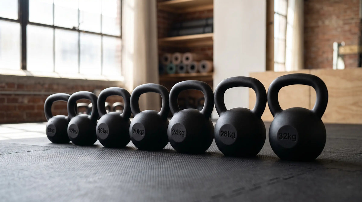 Een rij gietijzeren kettlebells, gerangschikt in oplopende grootte, op de vloer van een moderne sportschool