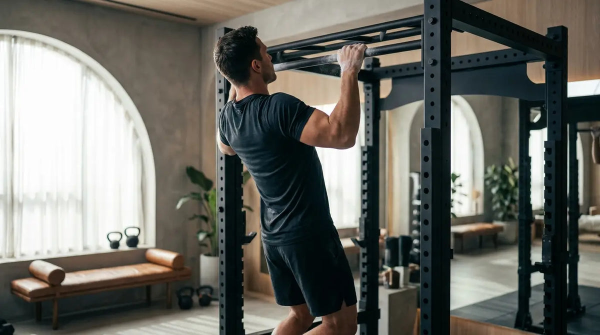 L'atleta esegue una trazione perfetta su una barra per trazioni montata su un power rack