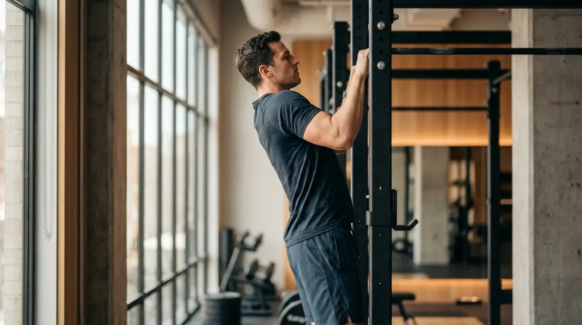 Een atleet voert een nette pull-up uit met een bovenhandse greep aan een stang in een power rack