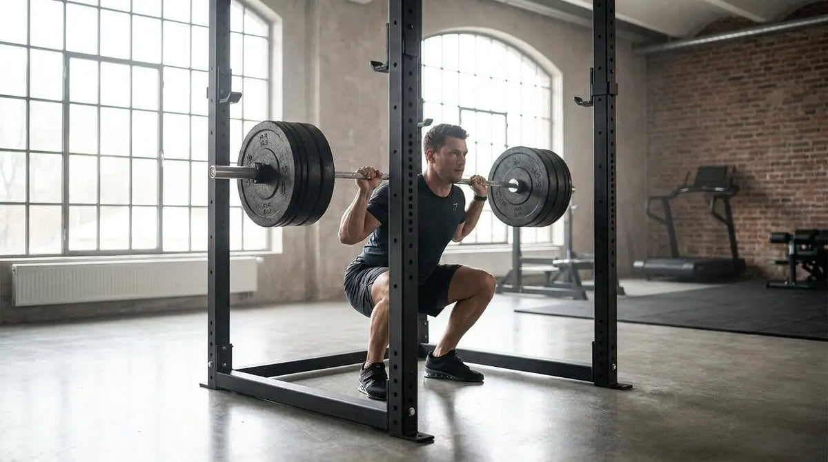 Atleet tijdens een diepe barbell-squat in het power rack