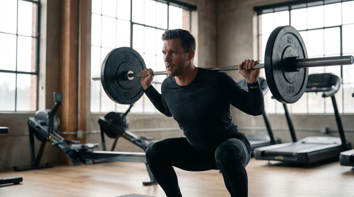 Sporters die squats doen in de sportschool, uithoudingsapparaten op de achtergrond – kracht en uithoudingsvermogen combineren